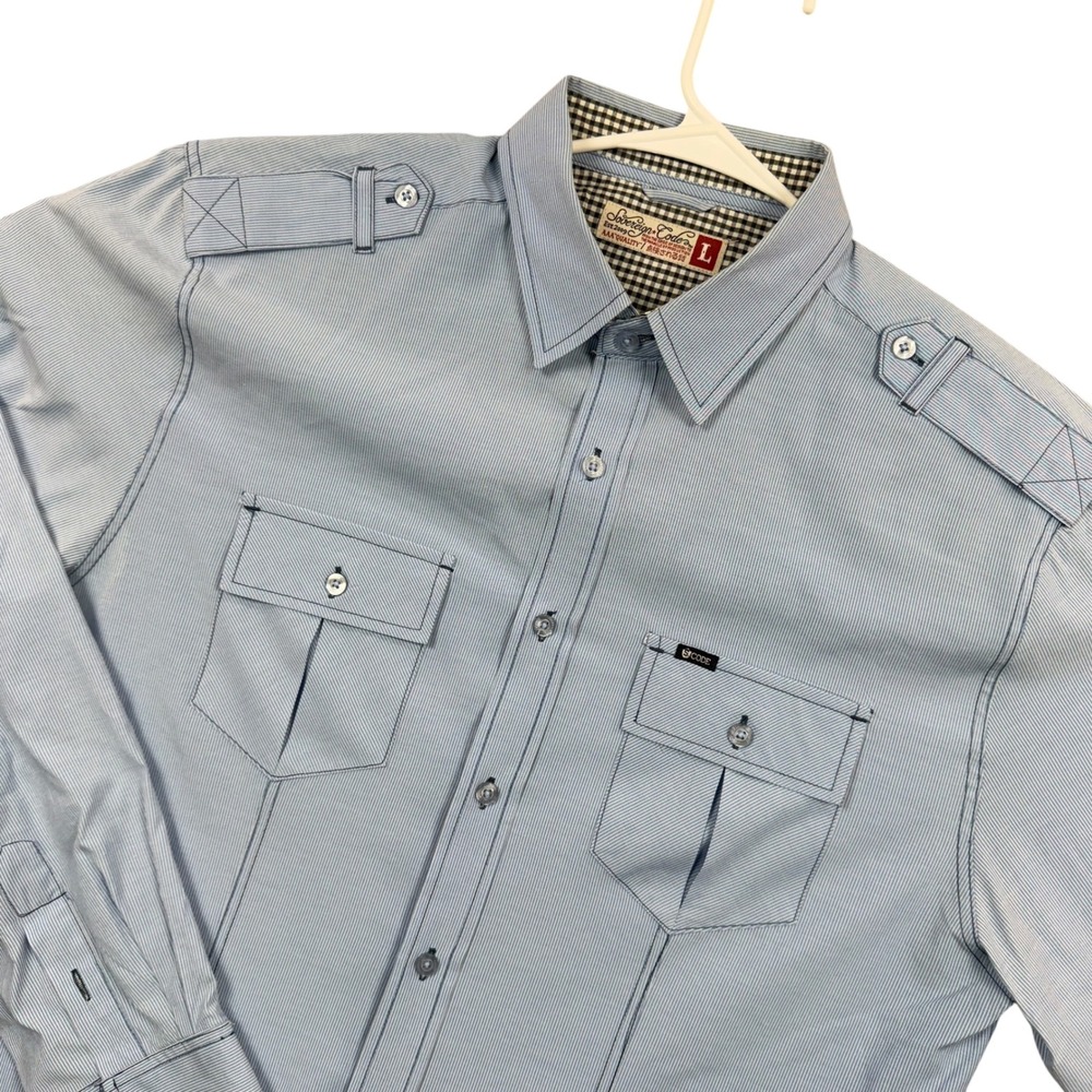 Sovereign Code Button Up Shirt Mens L Blue Pinstripe Military Epaulettes 1651